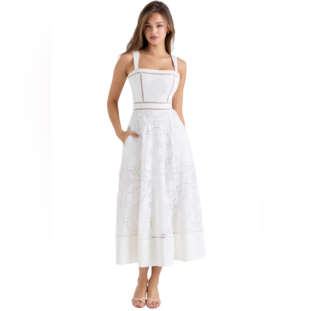 Price Firm - House of CB  AVA White Stretch Cotton Broderie Anglaise Midi Dress